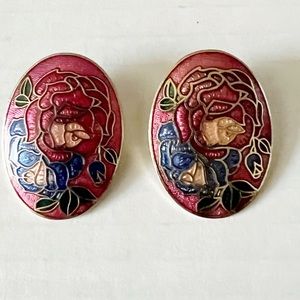Vintage Red floral clip-on earrings cloisonné